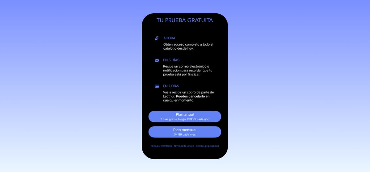 Pantalla de oferta de suscripción mensual y anual en Lecthur para iOS